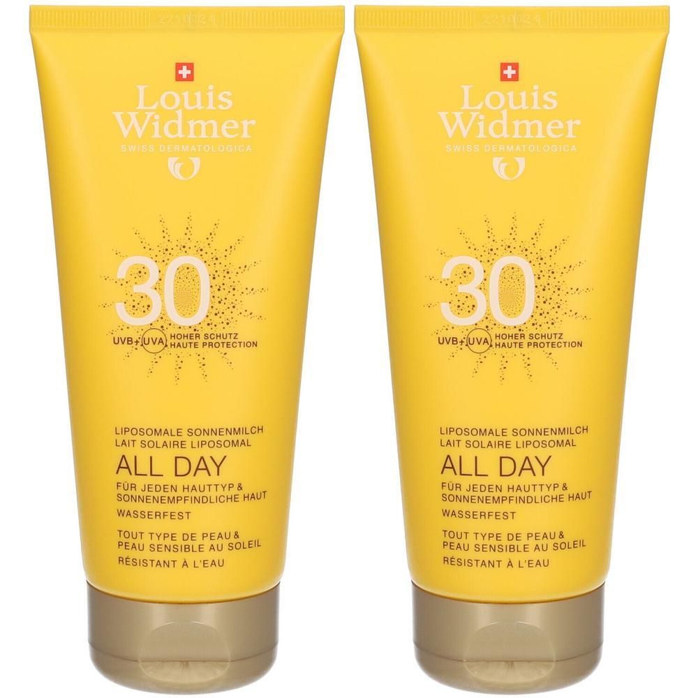 Deux tubes jaunes Louis Widmer All Day IP30 avec autocollant 1+1. Inscription: 30, protection solaire, résistant à l'eau. Croix suisse.