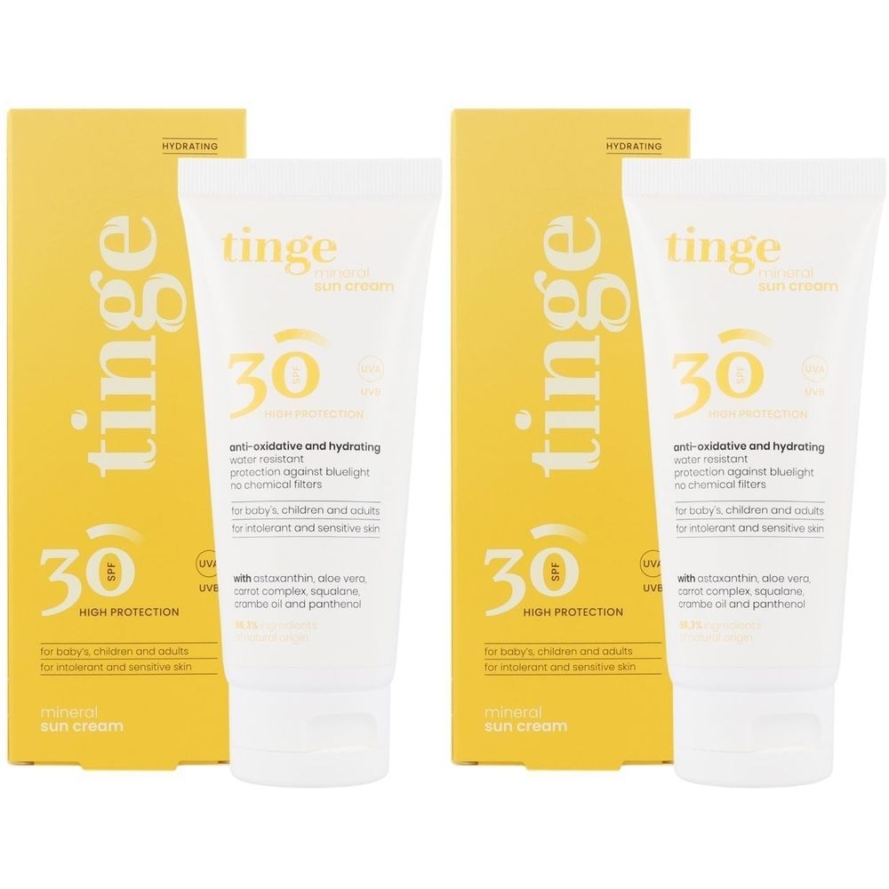Deux tubes et boîtes de crème solaire. Inscription : Tinge, 30, High Protection. Crème solaire minérale.