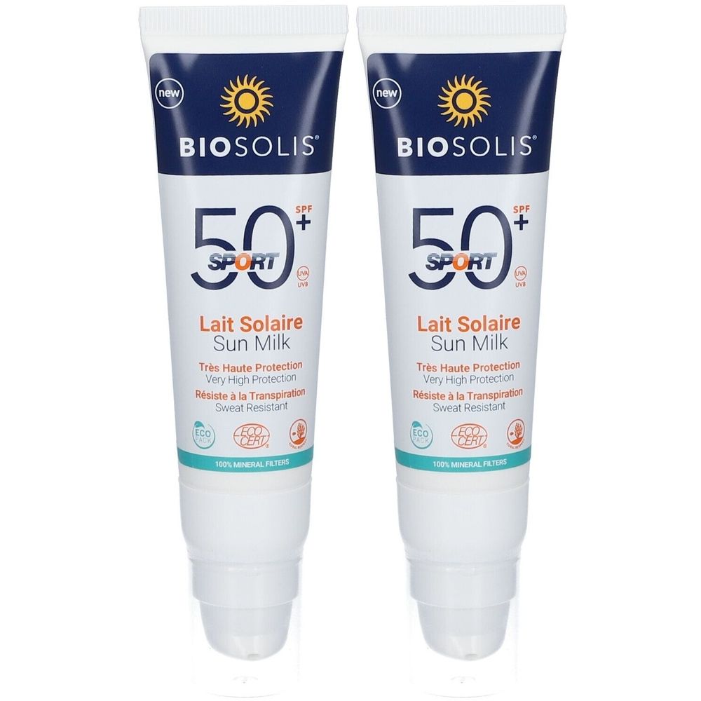 Zwei Tuben BIOSOLIS Sonnenmilch Sport SPF50+. Weiße Tuben mit blauer Schrift und Sonnenlogo. Text: Lait Solaire, Sun Milk.