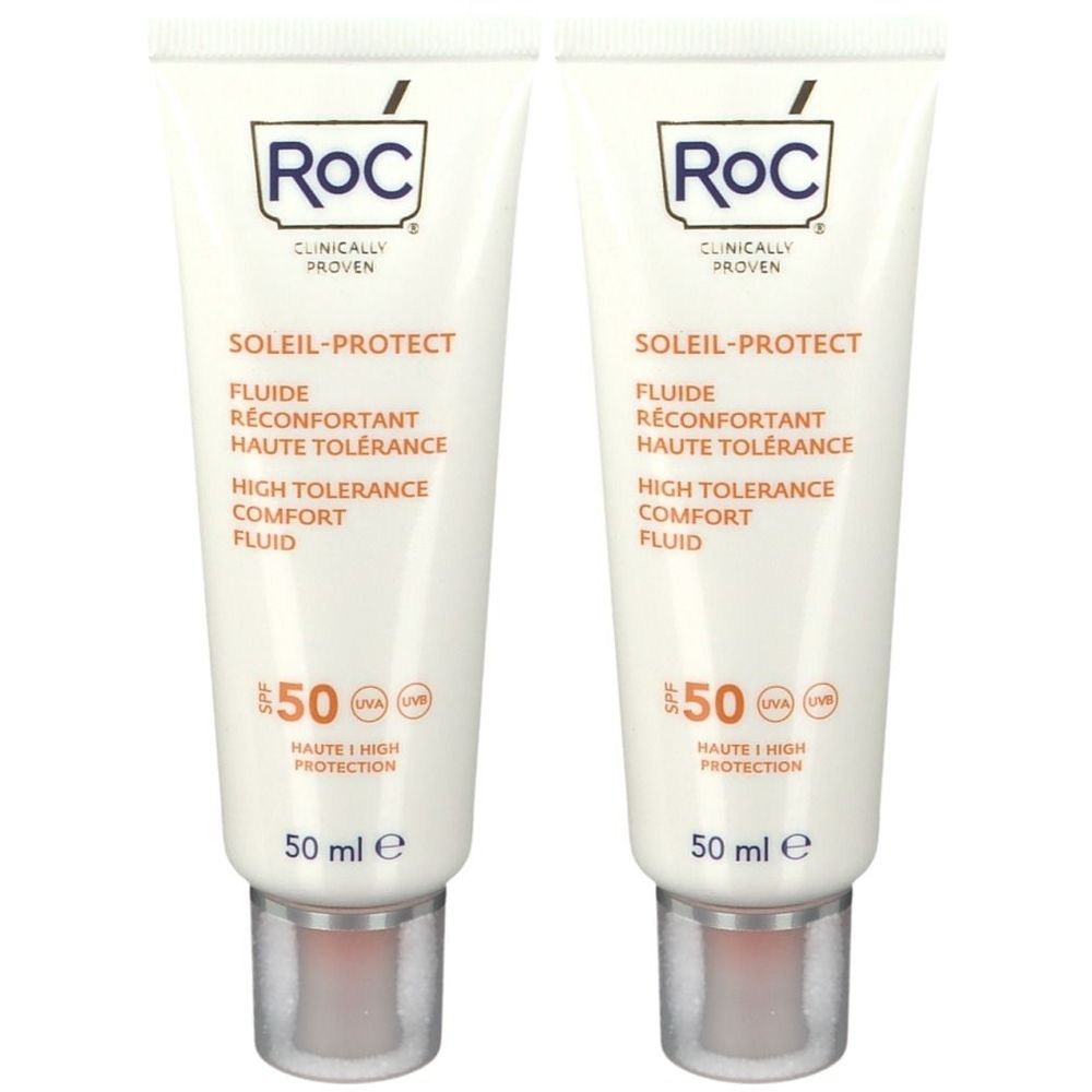 Deux tubes de crème solaire. Blanc, texte orange. Inscription: Soleil-Protect, SPF 50, High Tolerance Comfort Fluid.