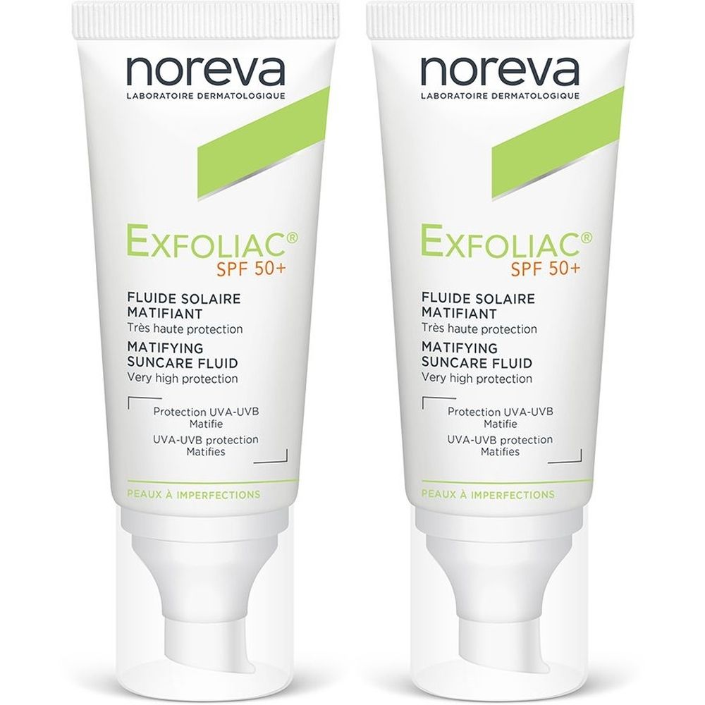 Zwei Tuben mit weißem Hintergrund. Auf jeder Tube steht "noreva" und "Exfoliac SPF 50+". Text in Grün und Schwarz. Mit Spender.