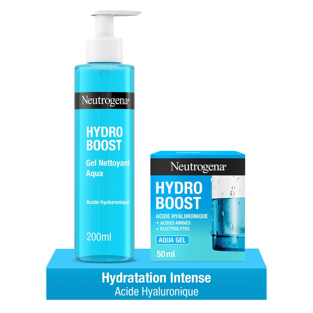 Neutrogena Hydro Boost Aqua Gel Nettoyant et Aqua Gel. Flacon et boîte. Produits bleus sur socle bleu.