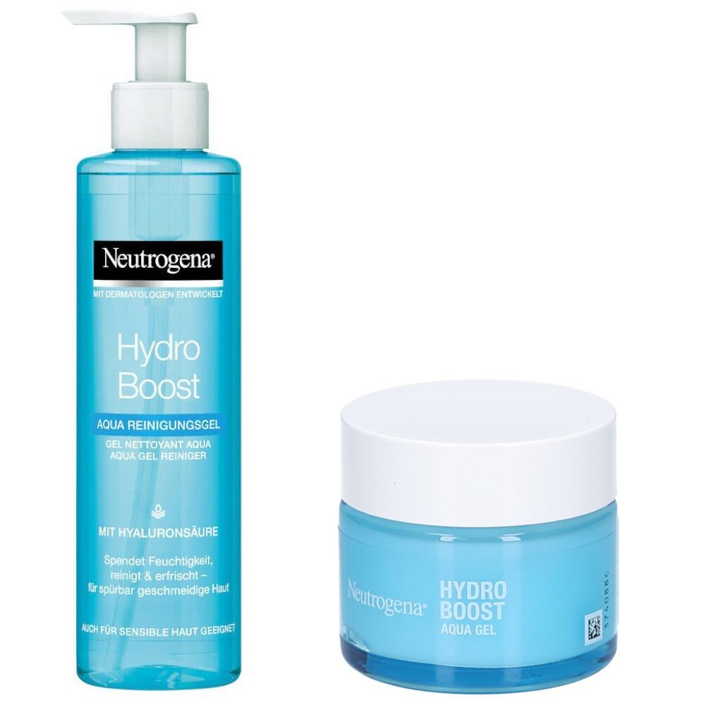 Deux produits : Neutrogena Hydro Boost Aqua Gel Nettoyant et Aqua Gel. Gel bleu en flacon pompe et pot.