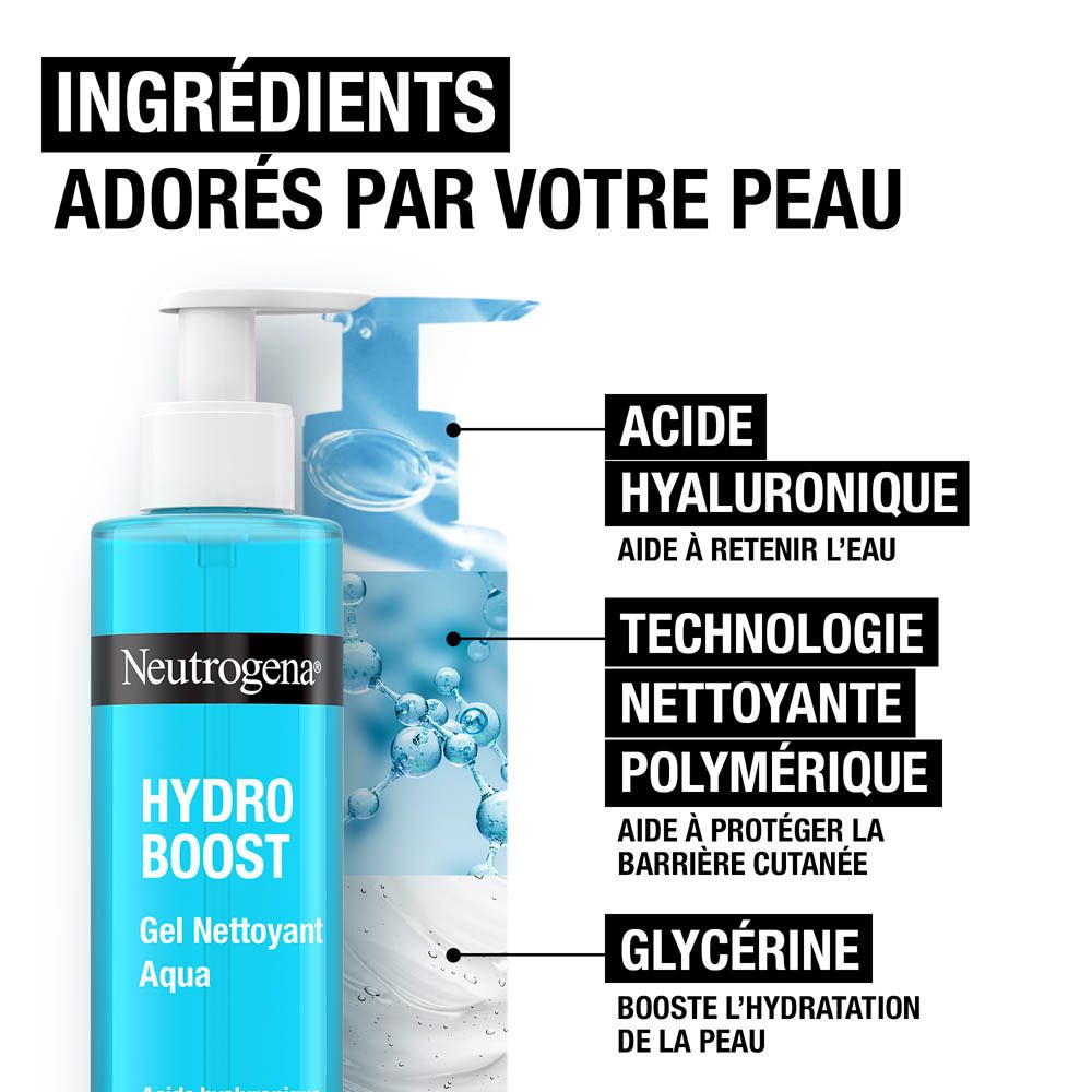 Neutrogena Hydro Boost Aqua Gel Nettoyant. Flacon bleu avec pompe. Texte : Nettoie en douceur, résultats prouvés.