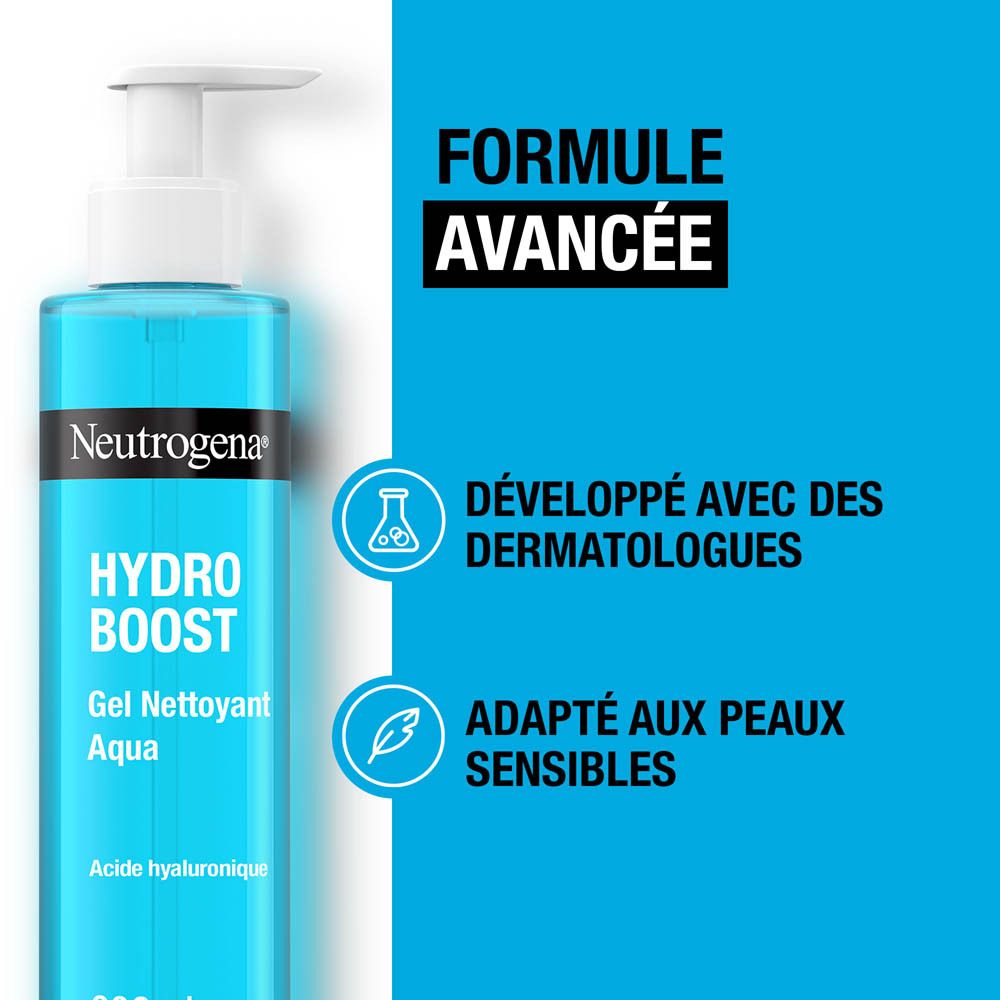 Neutrogena Hydro Boost Aqua Gel Nettoyant. Flacon bleu avec pompe. Texte : Acide hyaluronique, Glycérine.