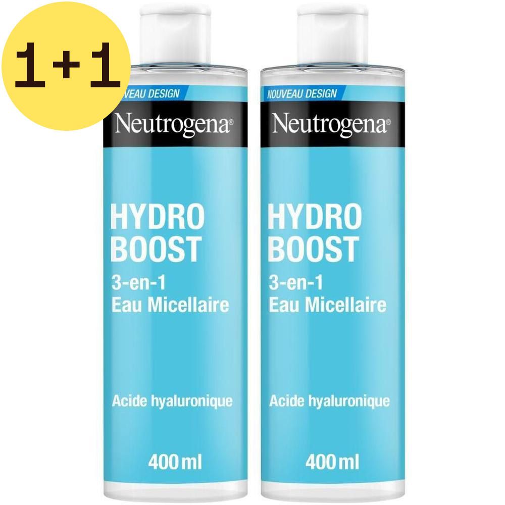 Deux flacons Neutrogena Hydro Boost Eau Micellaire. Flacons bleus avec bouchon blanc. Texte : 3-en-1 Eau Micellaire.