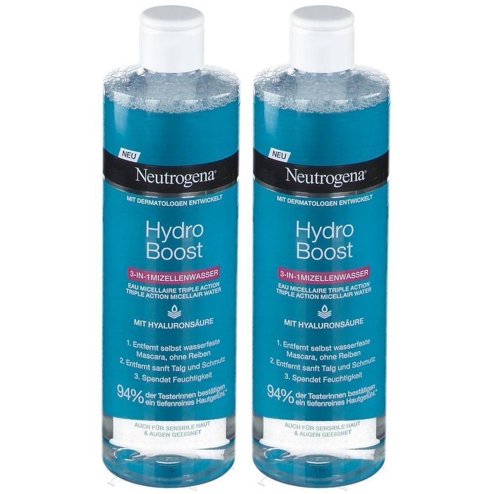 Zwei Flaschen Neutrogena Hydro Boost 3-in-1 Mizellenwasser mit Hyaluronsäure.