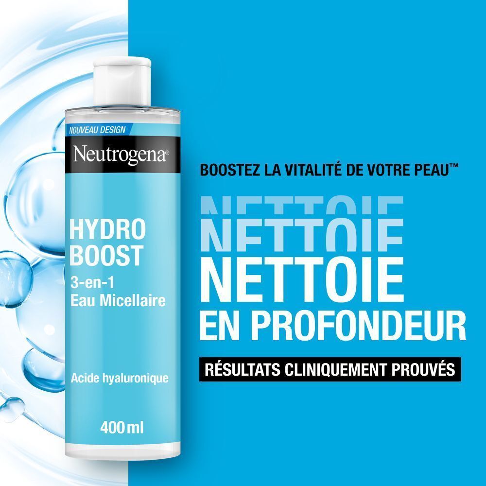 Deux flacons Neutrogena Hydro Boost Eau Micellaire. Flacons bleus avec bouchon blanc. Texte : 3-en-1 Eau Micellaire.