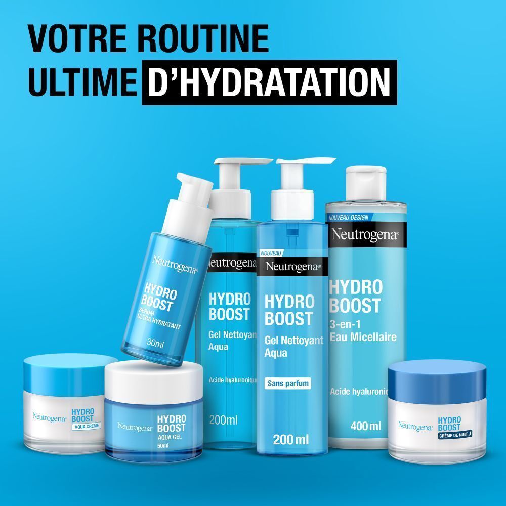 Flacon Neutrogena Hydro Boost Eau Micellaire. Texte : 3-en-1 Eau Micellaire. Testé dermatologiquement et ophtalmologiquement.