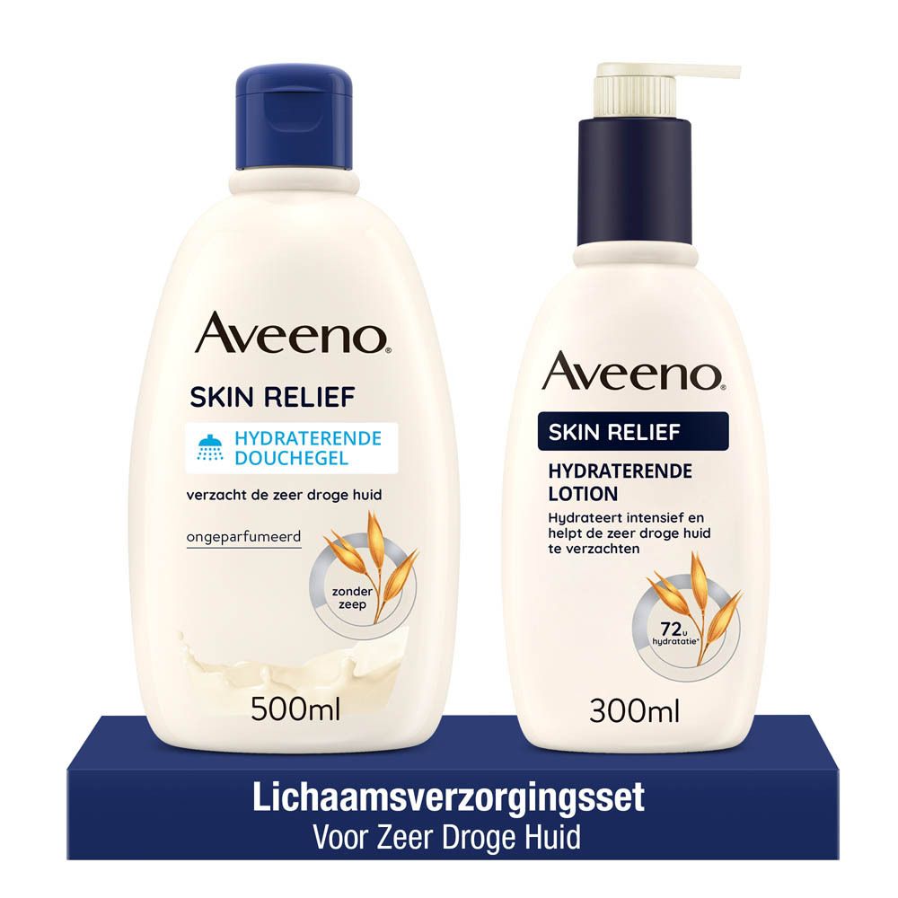 Zwei Aveeno Skin Relief Produkte. Reinigungsgel und Bodylotion. Beide in weißen Flaschen mit blauen Deckeln.
