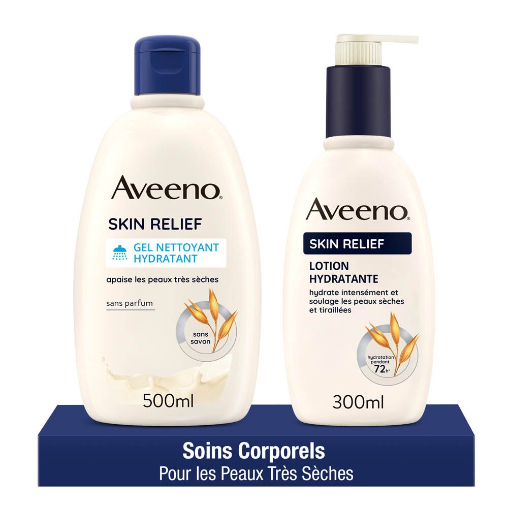 Deux produits Aveeno Skin Relief : gel nettoyant et lotion. Flacons blancs avec bouchons bleus.