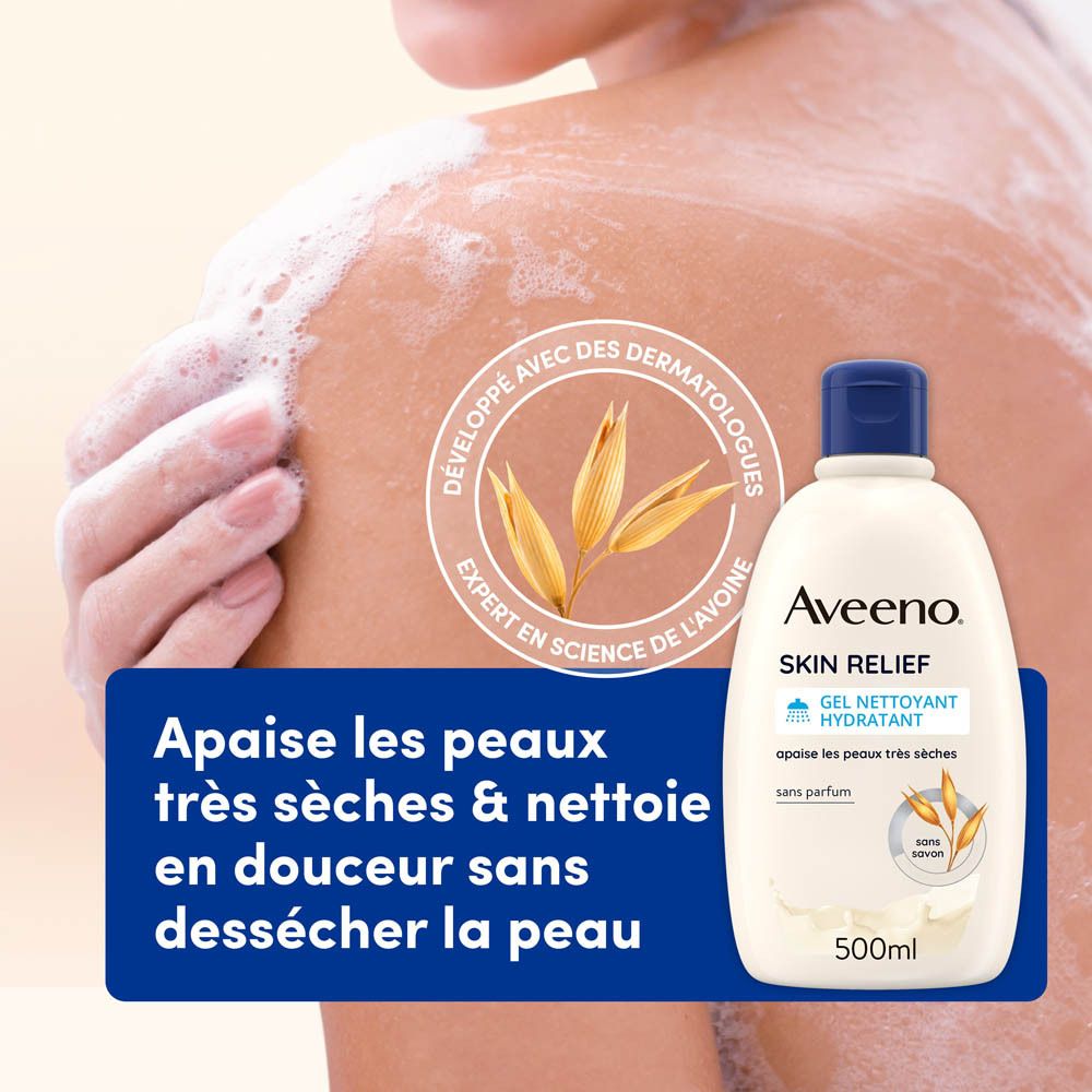 Gel nettoyant hydratant Aveeno Skin Relief. Flacon blanc, bouchon bleu. Texte : Gel Nettoyant Hydratant.