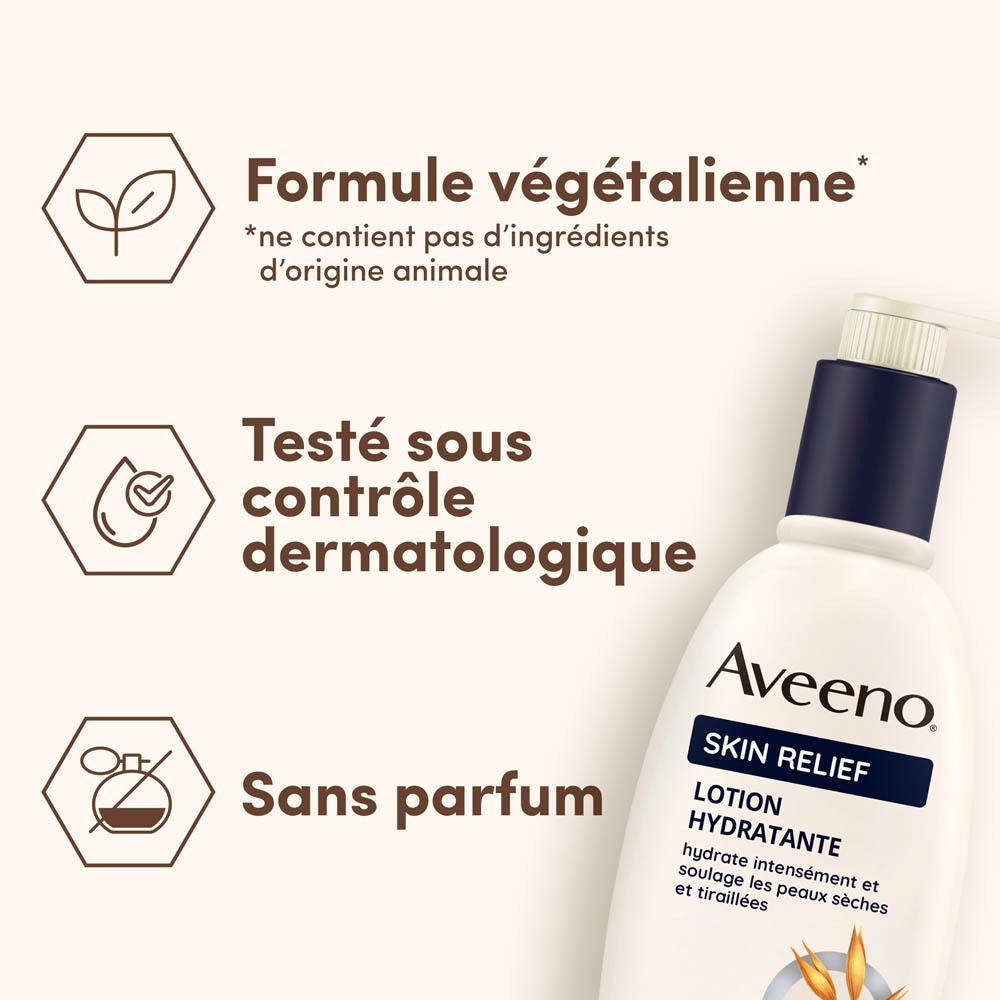 Lotion hydratante Aveeno Skin Relief. Flacon blanc avec pompe. Texte : Procure une hydratation intense.