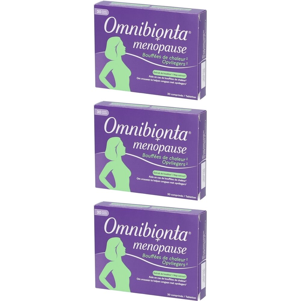 Drei Packungen Omnibionta menopause. Lila Verpackung mit Frau Silhouette. 30 Tabletten.