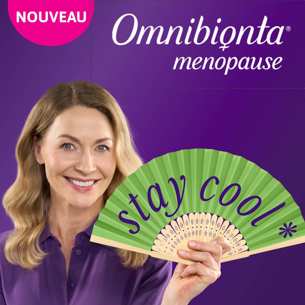Trois boîtes d'Omnibionta menopause. Emballage violet avec silhouette féminine. 30 comprimés.