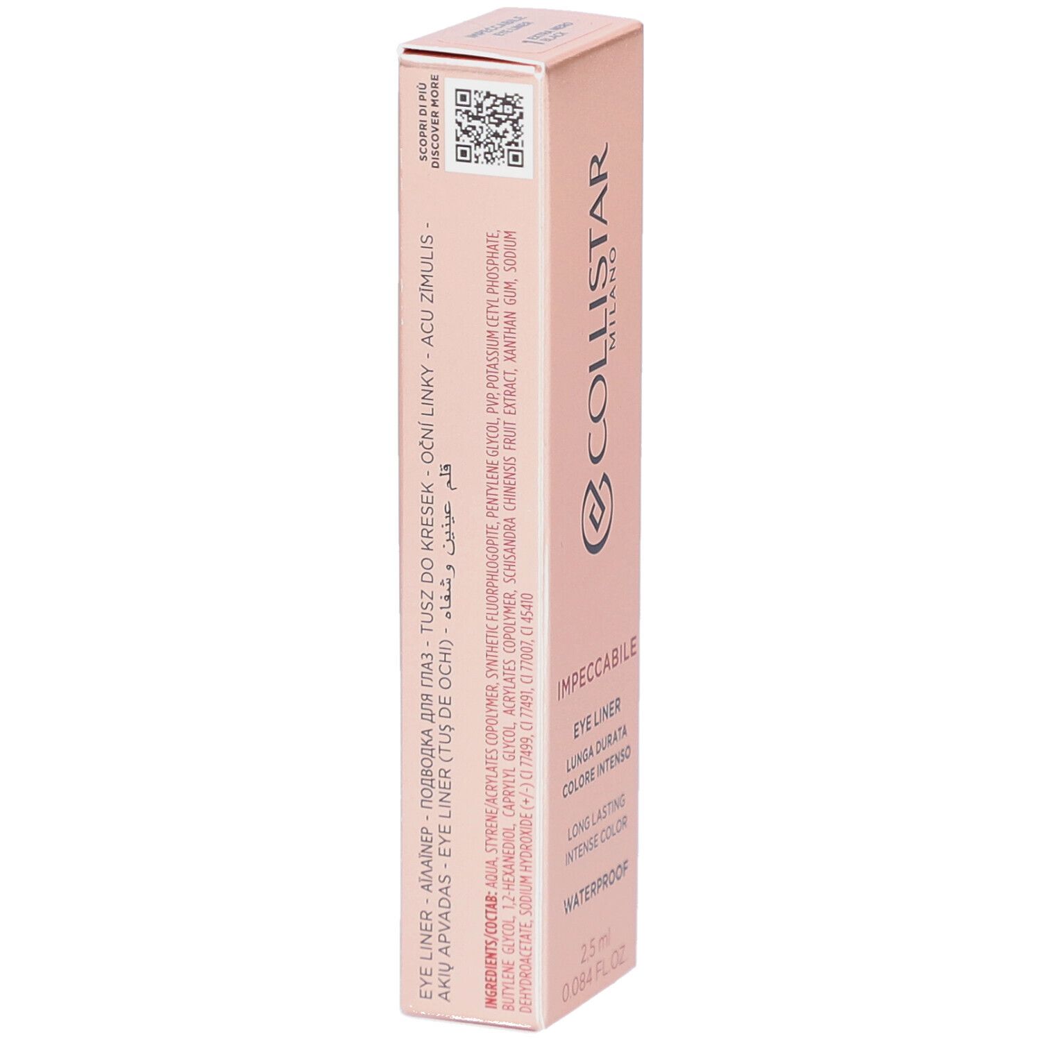 Dos de la boîte rose avec texte et code QR. Texte: Eye Liner, ingrédients, 2,5 ml.