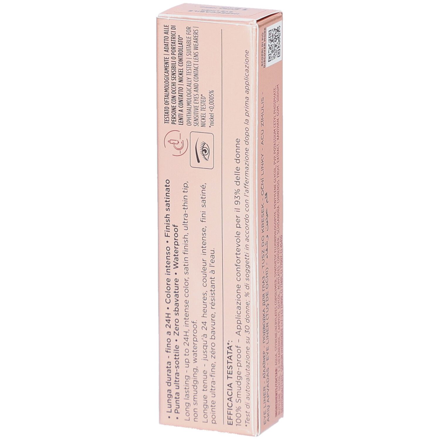 Dos de la boîte rose avec texte. Texte: Longue tenue, waterproof, pour yeux sensibles.
