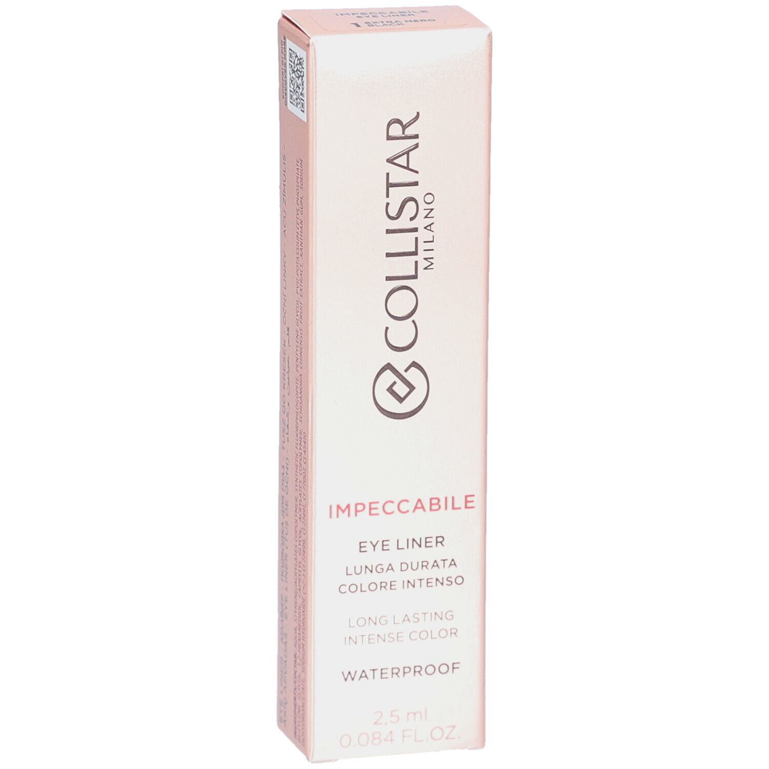 Boîte rose avec eye-liner noir. Texte: Collistar Milano, Impeccabile Eye Liner, 2,5 ml.
