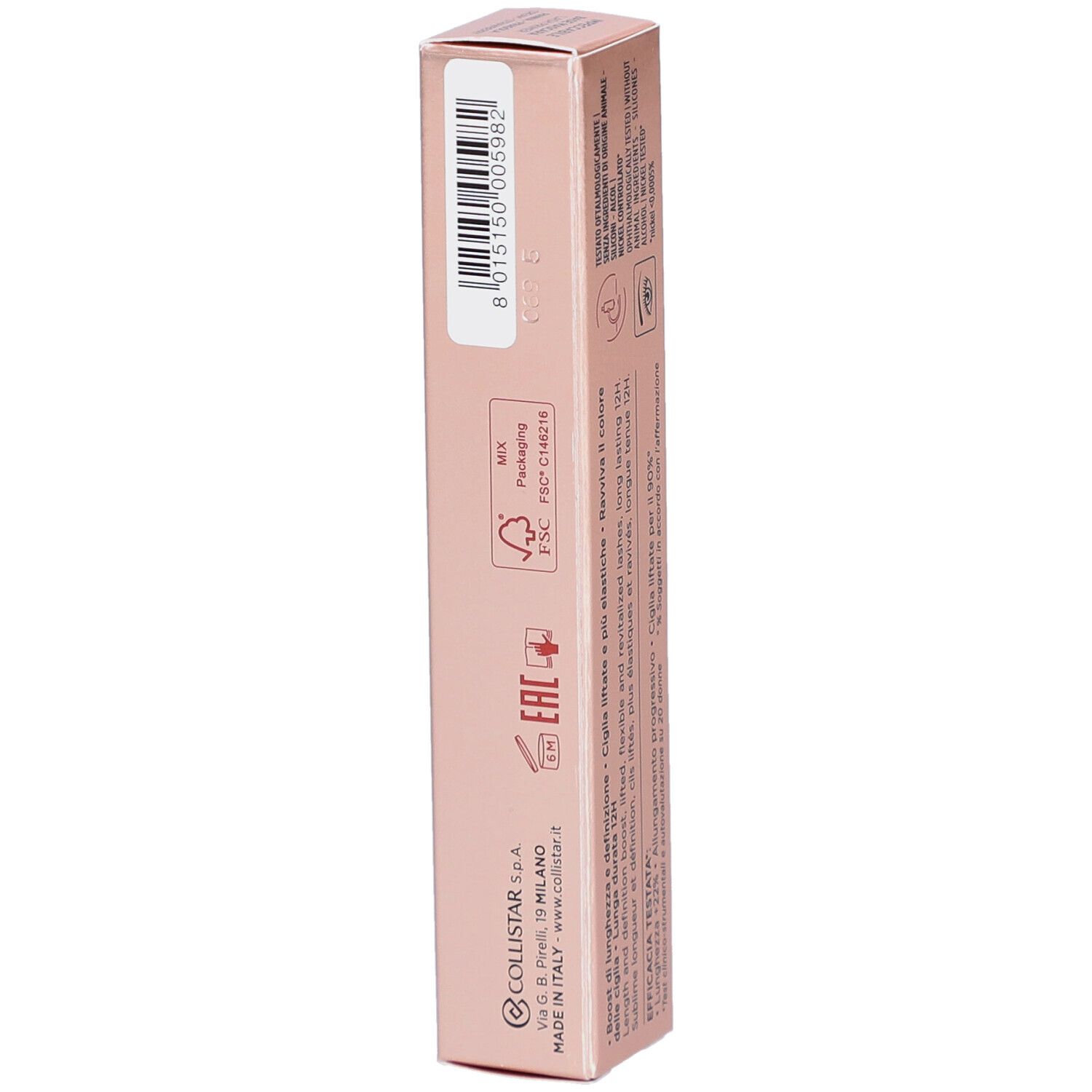 Boîte de mascara rose. Texte: Collistar Milano, Impeccabile Base Mascara Extra Lunghezza, Lash Primer Length Boost. Code-barres.