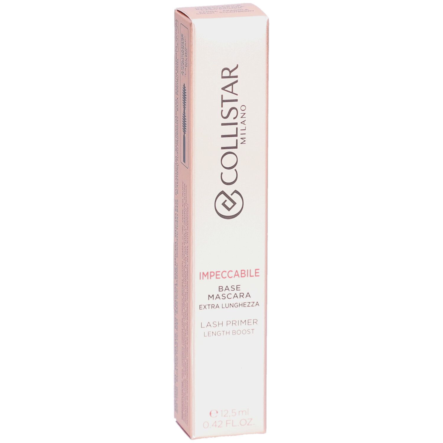 Boîte de mascara rose. Texte: Collistar Milano, Impeccabile Base Mascara Extra Lunghezza, Lash Primer Length Boost.