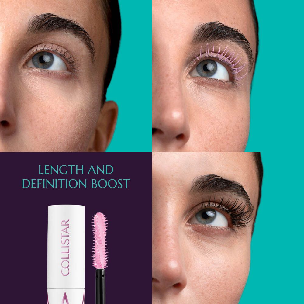 Images avant-après. Texte: Collistar, Impeccabile Base Mascara. Longueur et définition.