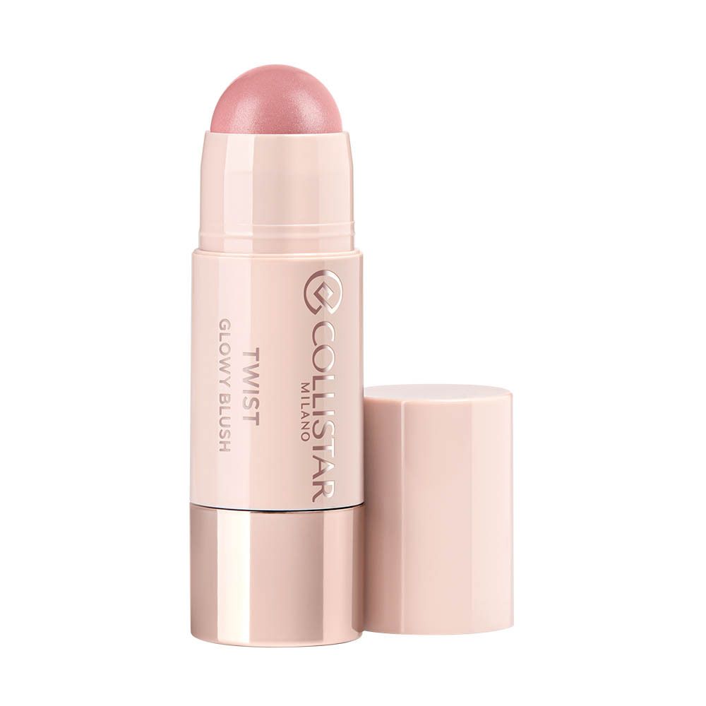Collistar Twist Glowy Blush Stick, rose. Stick blush avec produit rose. Bouchon ouvert.