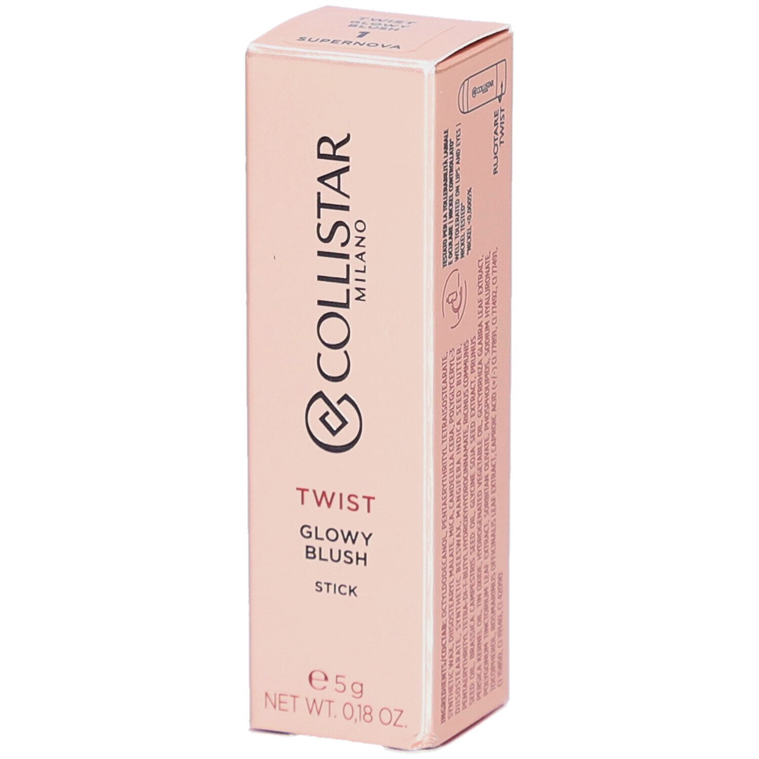 Emballage rose. Collistar Milano Twist Glowy Blush Stick. 5g. Supernova. Texte sur l'emballage.