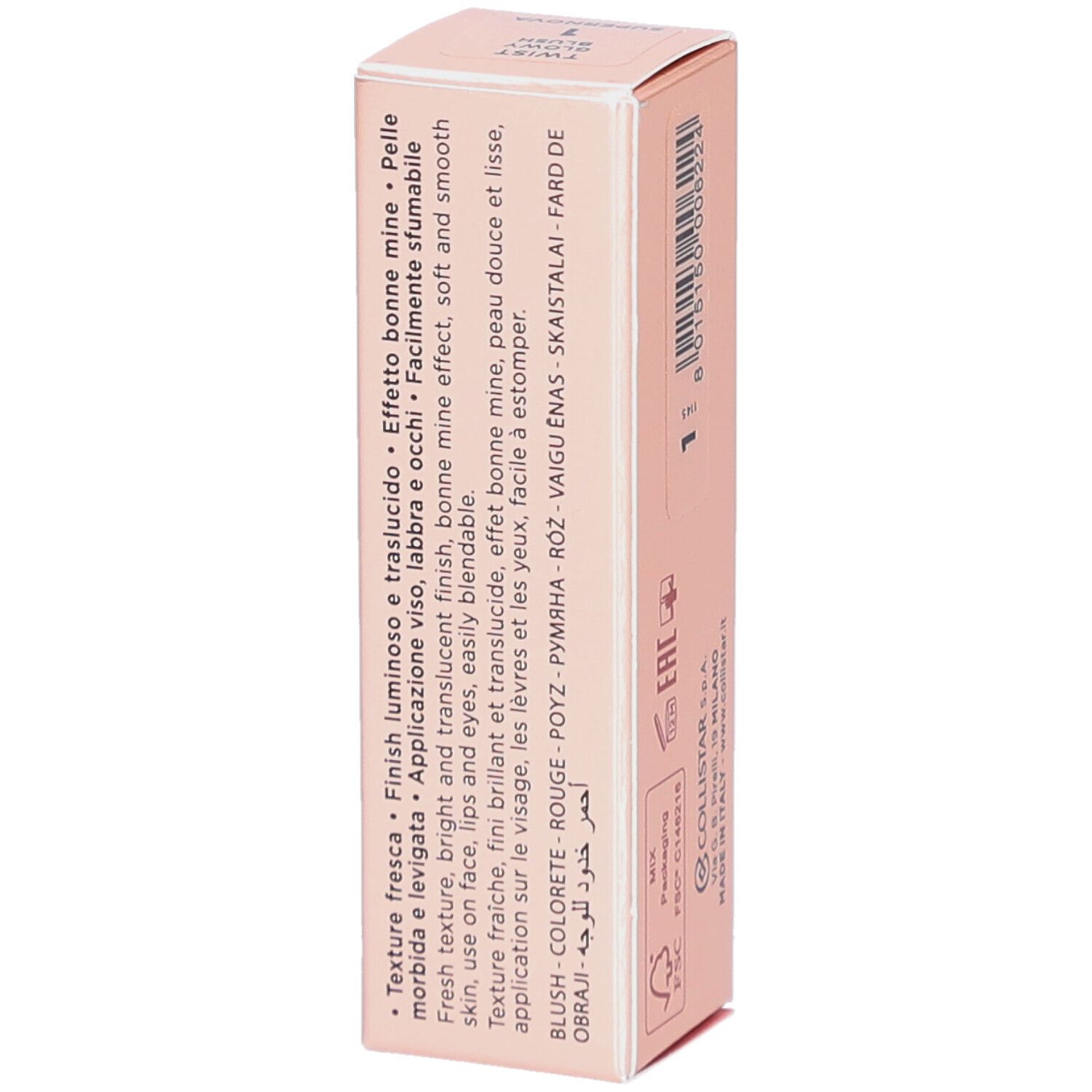 Emballage rose. Collistar Milano Twist Glowy Blush Stick. Texte en plusieurs langues.