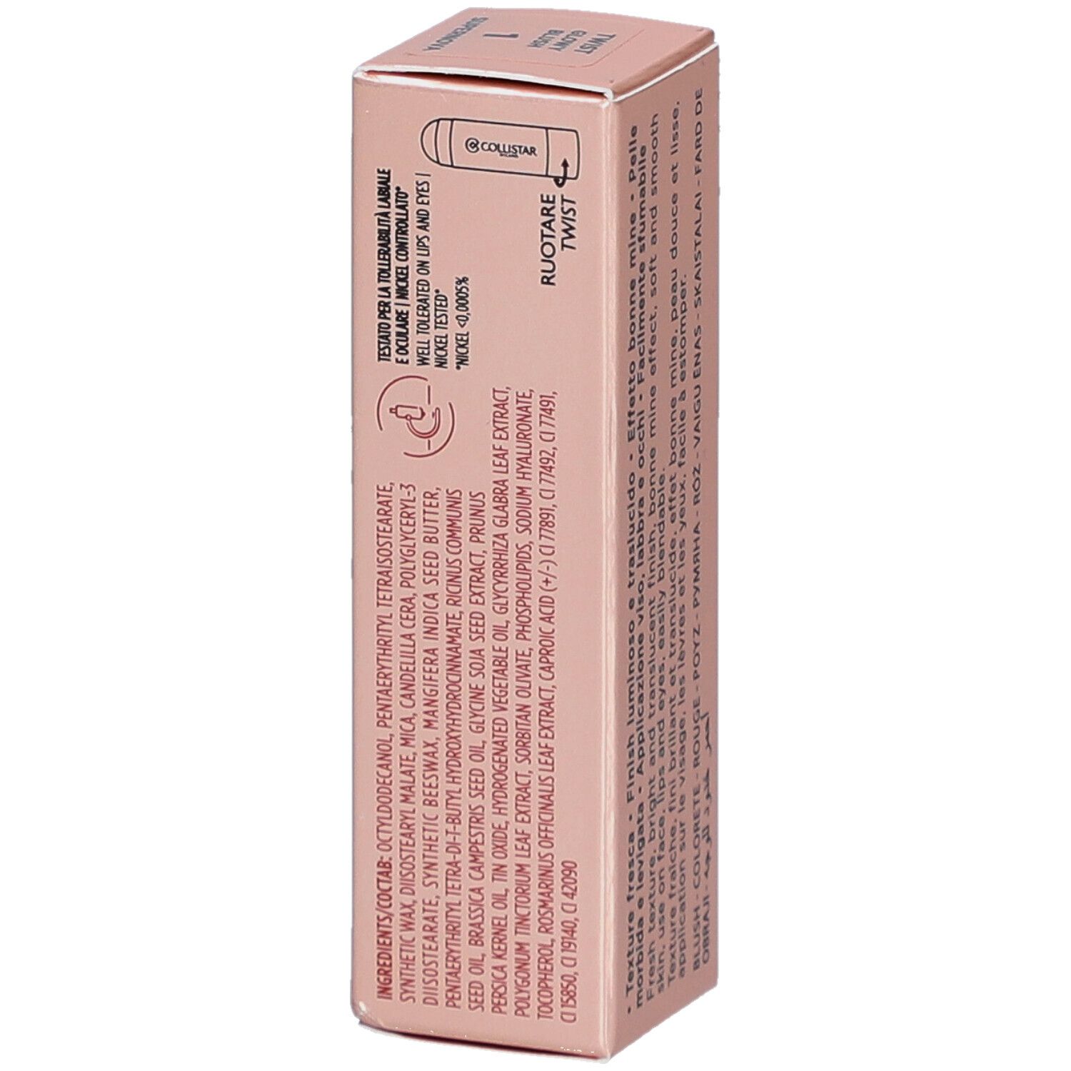 Emballage rose. Collistar Milano Twist Glowy Blush Stick. Ingrédients et texte.