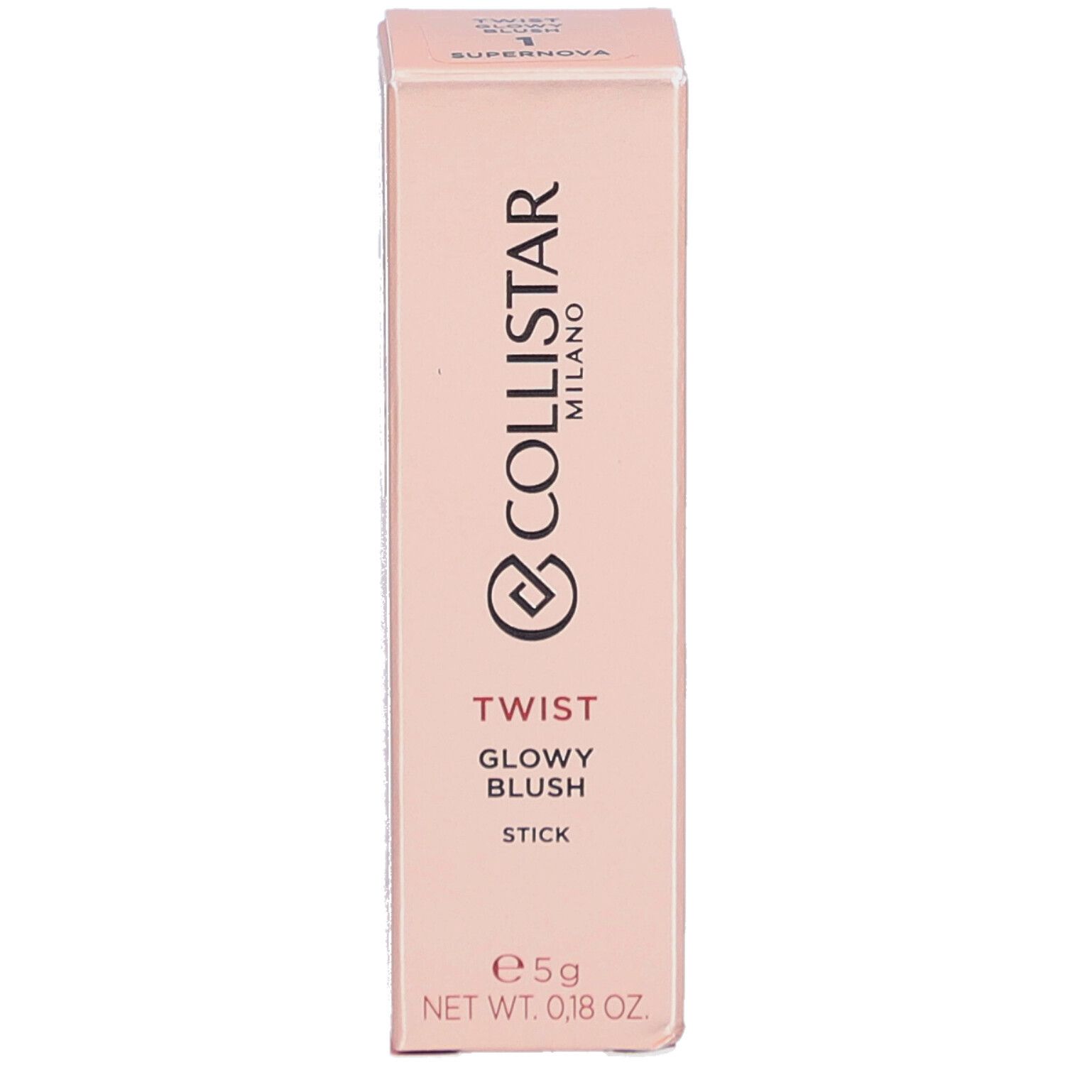 Emballage rose. Collistar Milano Twist Glowy Blush Stick. 5g. Supernova. Texte sur l'emballage.
