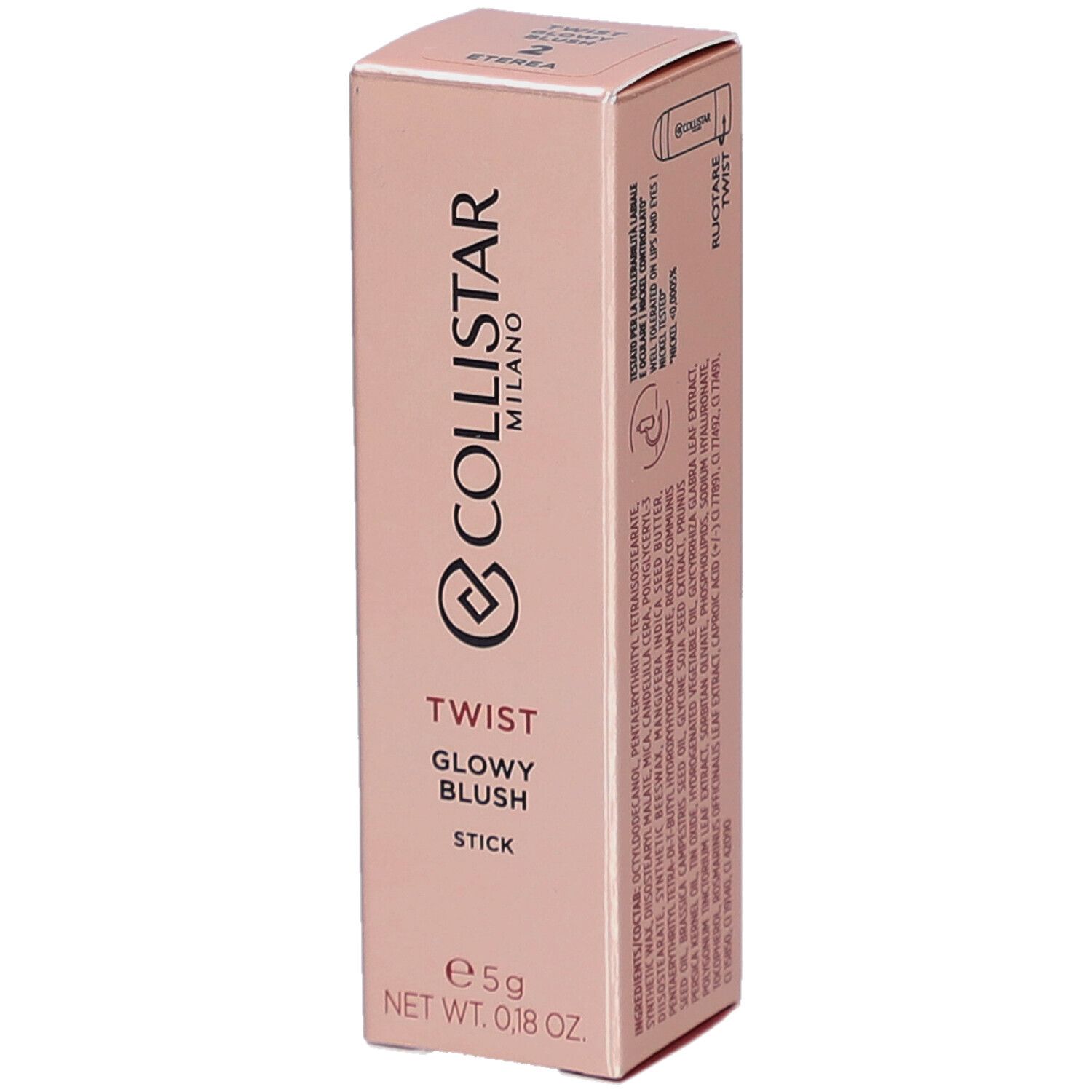 Rosa Verpackung mit Produktinformationen. Collistar Milano, Twist Glowy Blush, Stick. Nettogewicht: 5g.