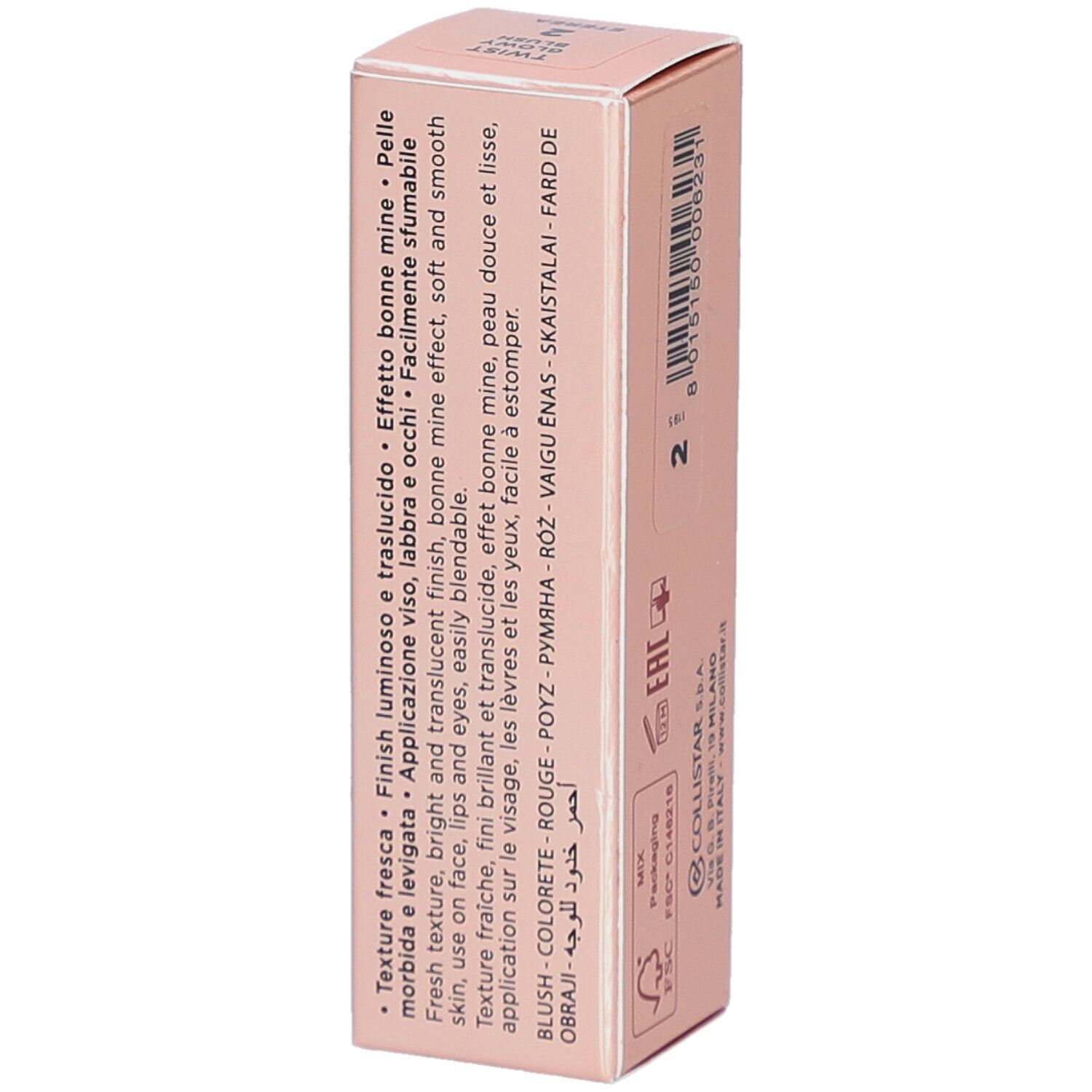Rosa Verpackung mit Produktinformationen. Collistar Milano, Twist Glowy Blush, Stick. Inhaltsstoffe und Text.