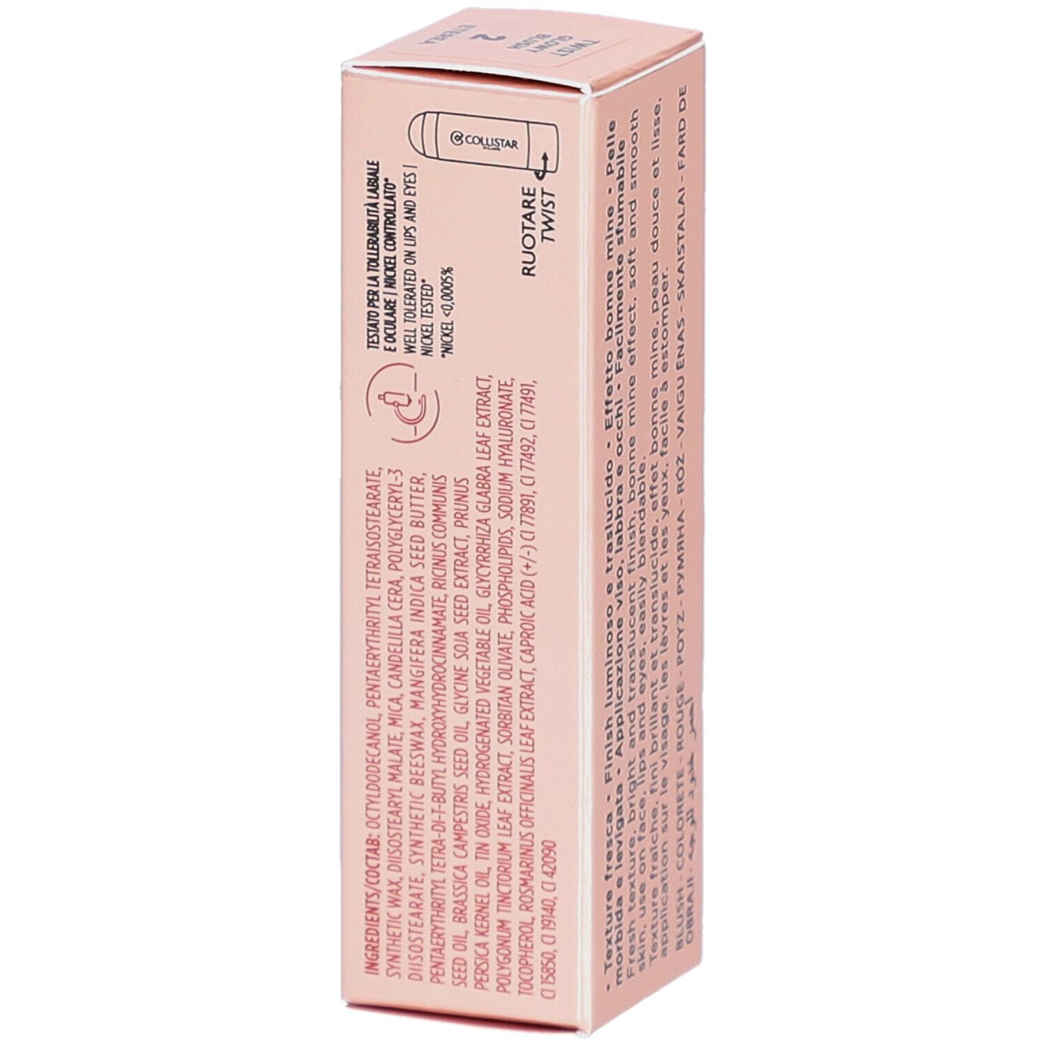 Rosa Verpackung mit Produktinformationen. Collistar Milano, Twist Glowy Blush, Stick. Inhaltsstoffe und Text.