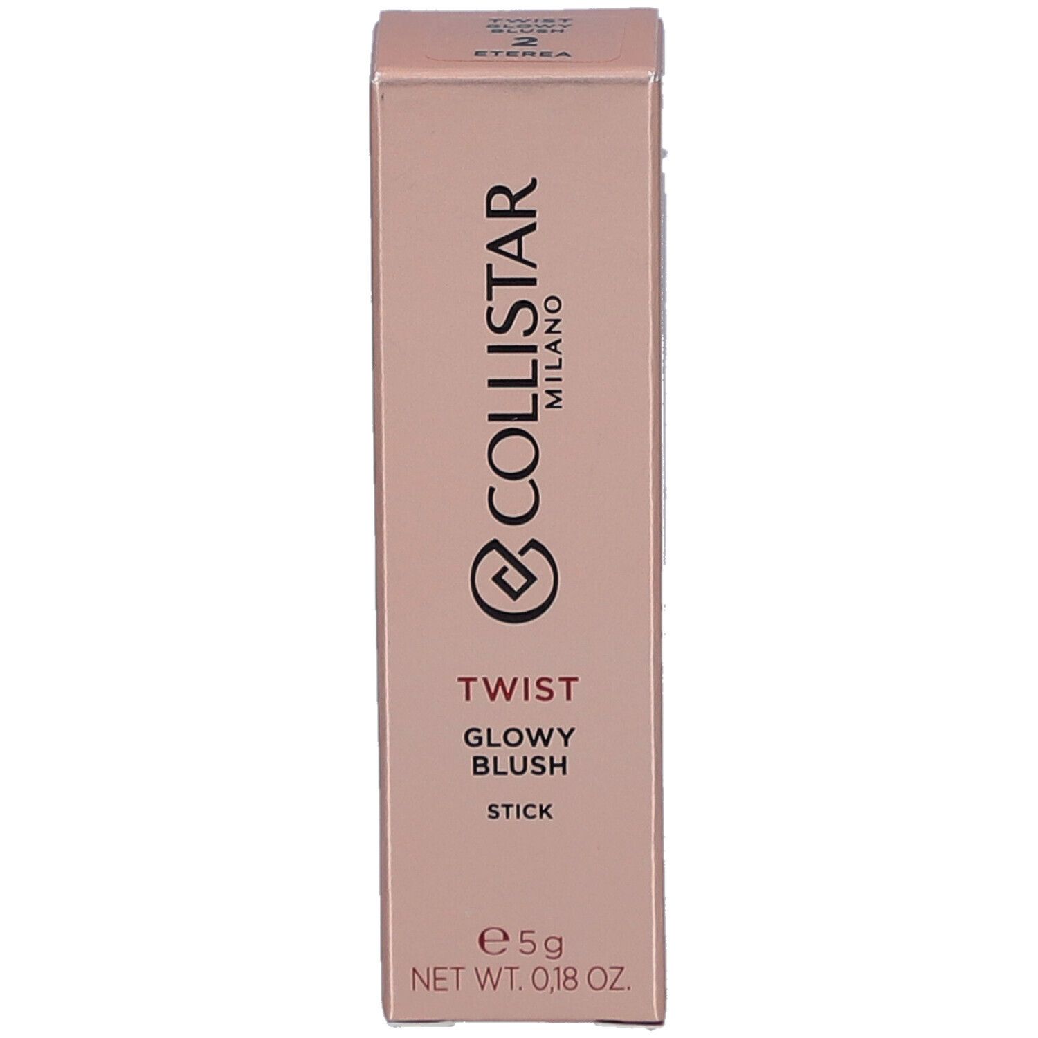 Rosa Verpackung mit Produktinformationen. Collistar Milano, Twist Glowy Blush, Stick. Nettogewicht: 0,18 oz.