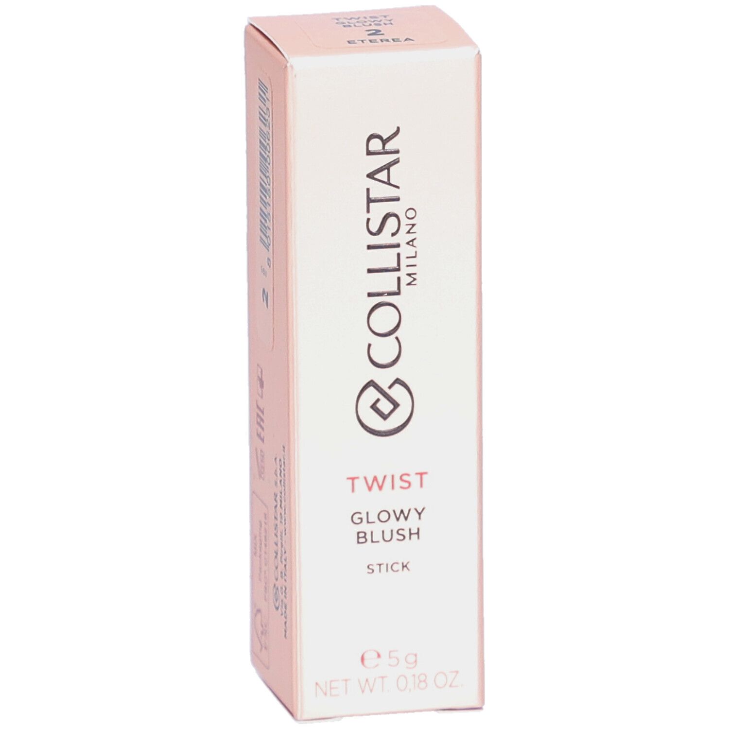 Rosa Verpackung mit Produktinformationen. Collistar Milano, Twist Glowy Blush, Stick. Nettogewicht: 0,18 oz.