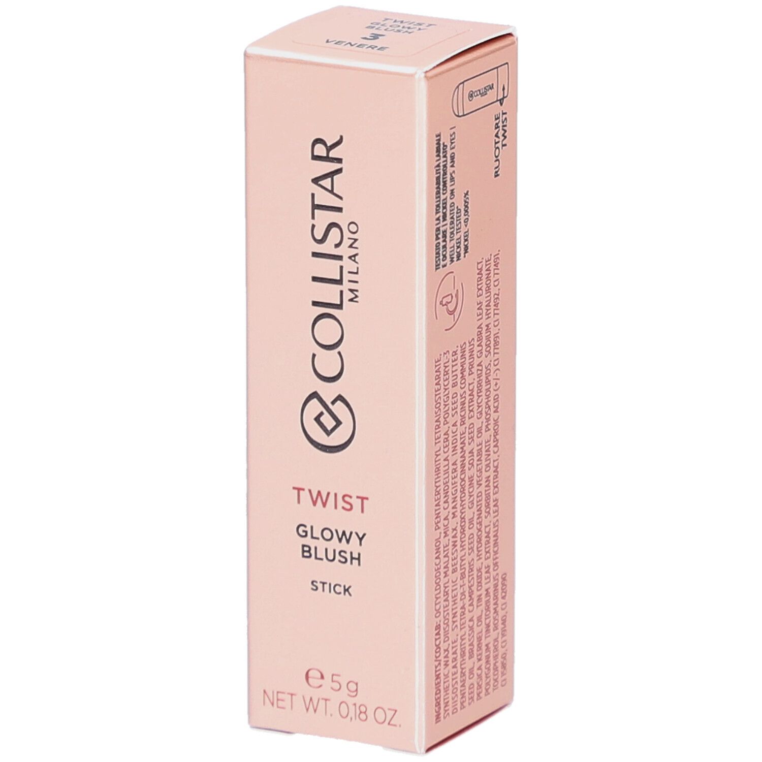 Blush-Stick in Verpackung. Marke Collistar Milano. Rosa Verpackung mit Produktinformationen und Inhaltsstoffen.