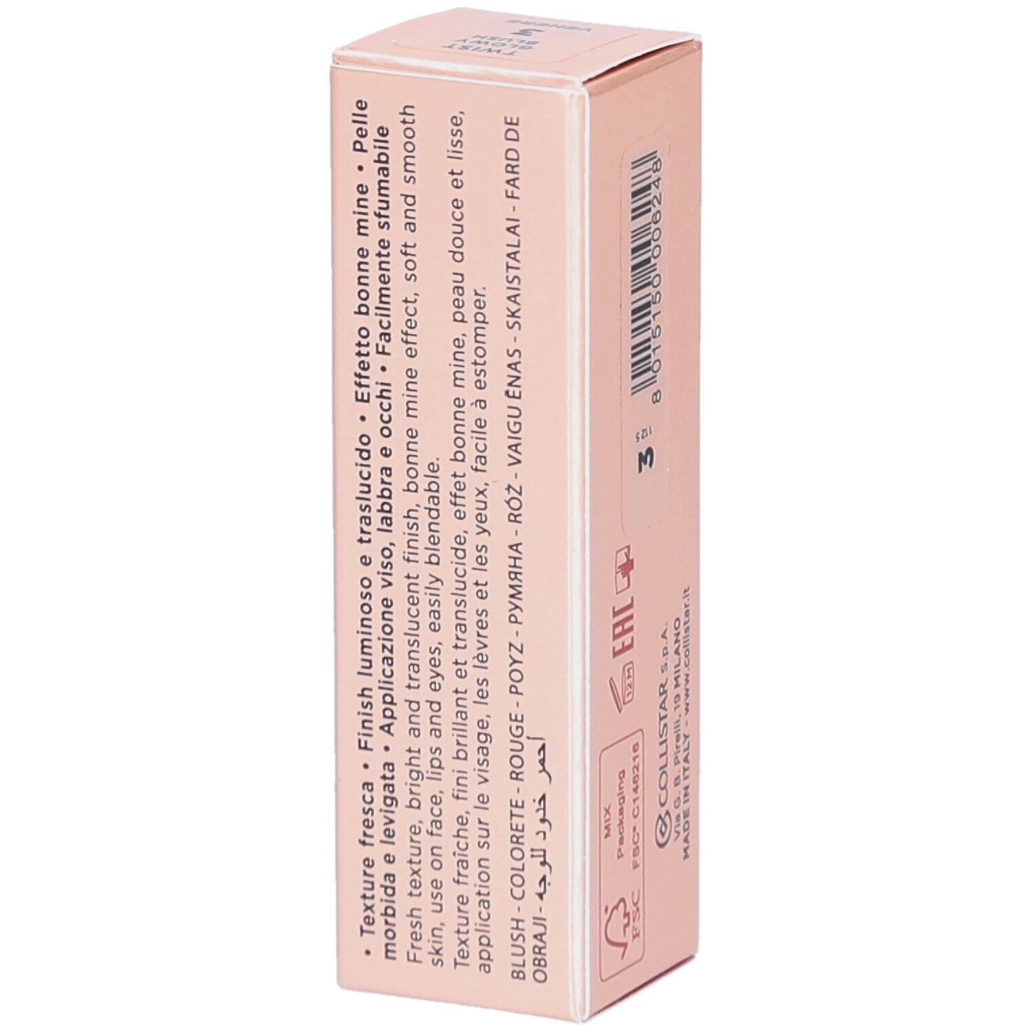 Rückseite der Blush-Stick-Verpackung. Marke Collistar Milano. Produktbeschreibung in mehreren Sprachen.