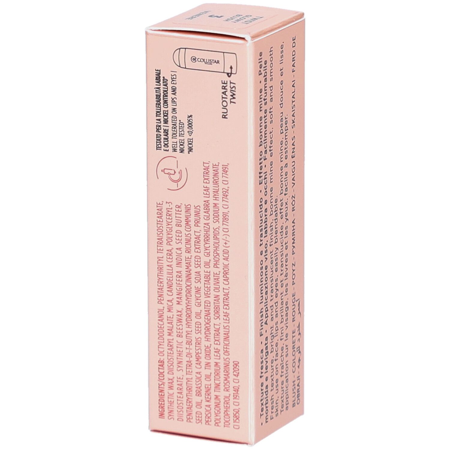 Rückseite der Blush-Stick-Verpackung. Marke Collistar Milano. Inhaltsstoffe und Anwendungshinweise.