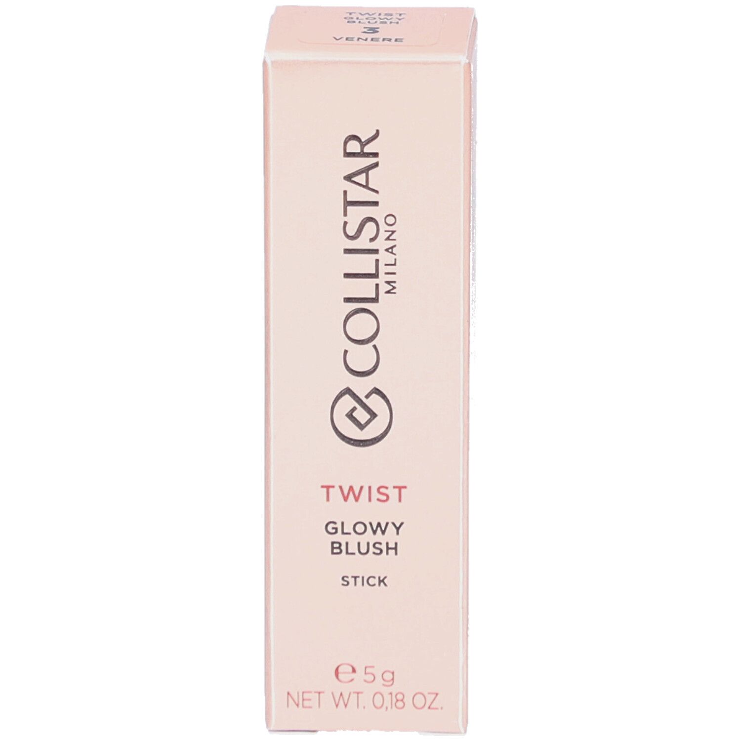 Blush-Stick in Verpackung. Marke Collistar Milano. Rosa Verpackung mit Produktinformationen.