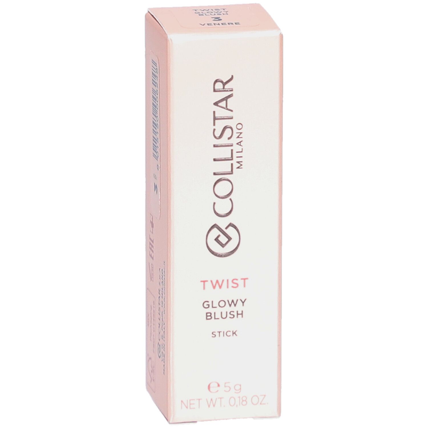 Blush-Stick in Verpackung. Marke Collistar Milano. Rosa Verpackung mit Produktinformationen.