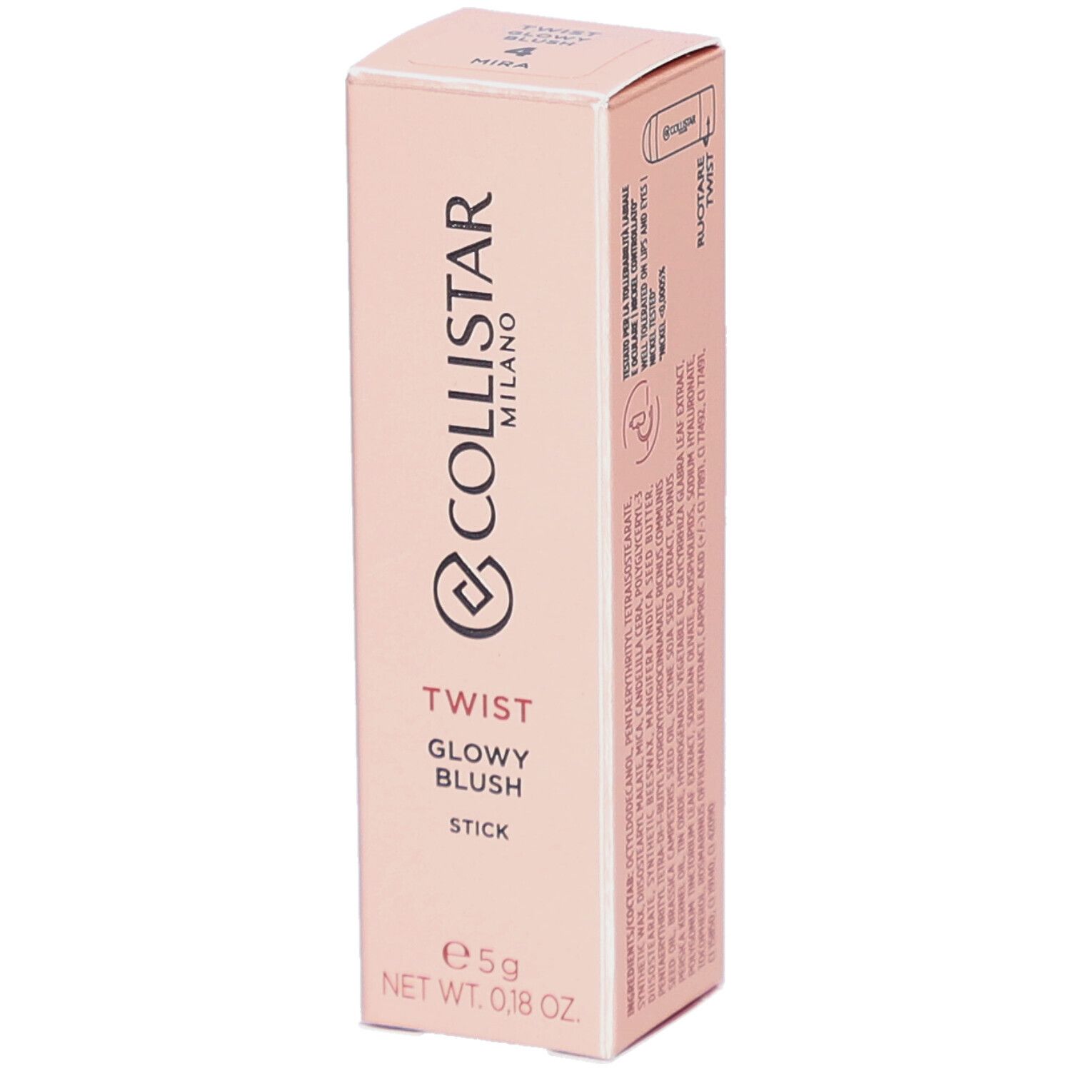Collistar Twist Glowy Blush Stick in Verpackung. Rosa Farbton, Produktinformationen und Logo sichtbar.