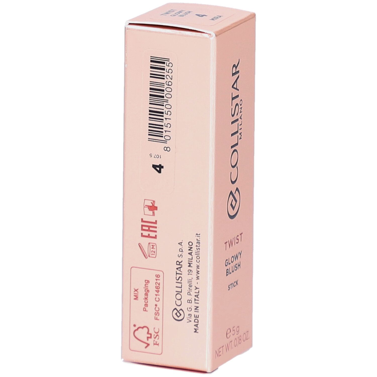 Collistar Twist Glowy Blush Stick Verpackung. Barcode, Produktinformationen und Logo sichtbar.