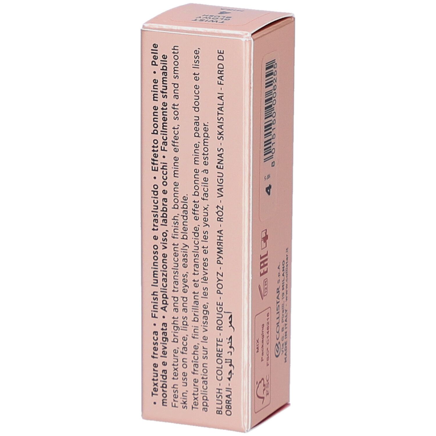Collistar Twist Glowy Blush Stick Verpackung. Produktbeschreibung in verschiedenen Sprachen.