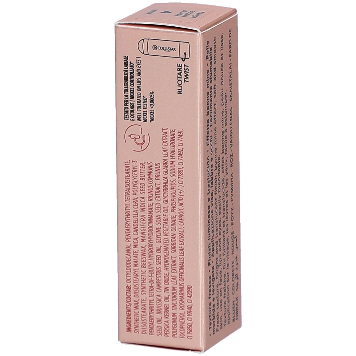 Collistar Twist Glowy Blush Stick Verpackung. Inhaltsstoffe und Anweisungen.