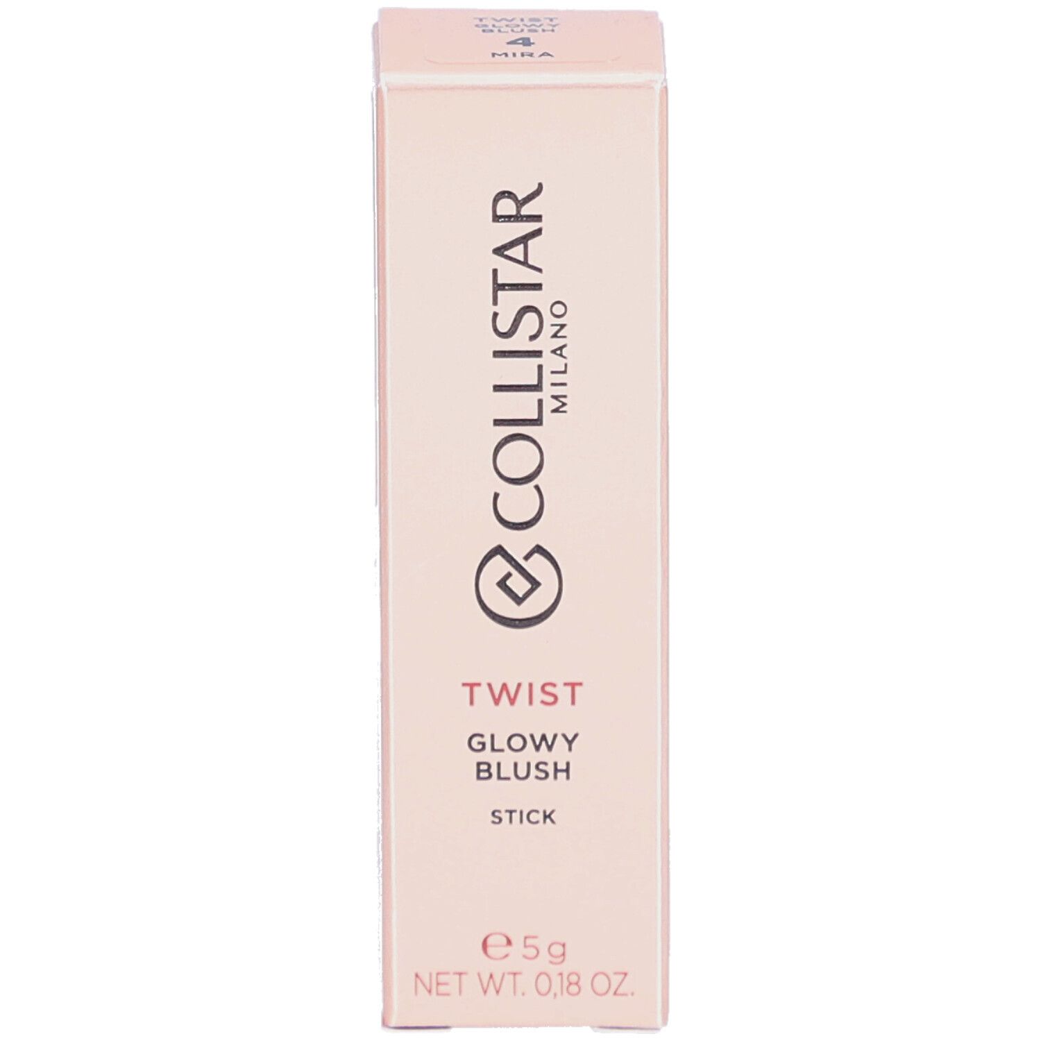 Collistar Twist Glowy Blush Stick Verpackung. Produktname, Logo und Nettogewicht.