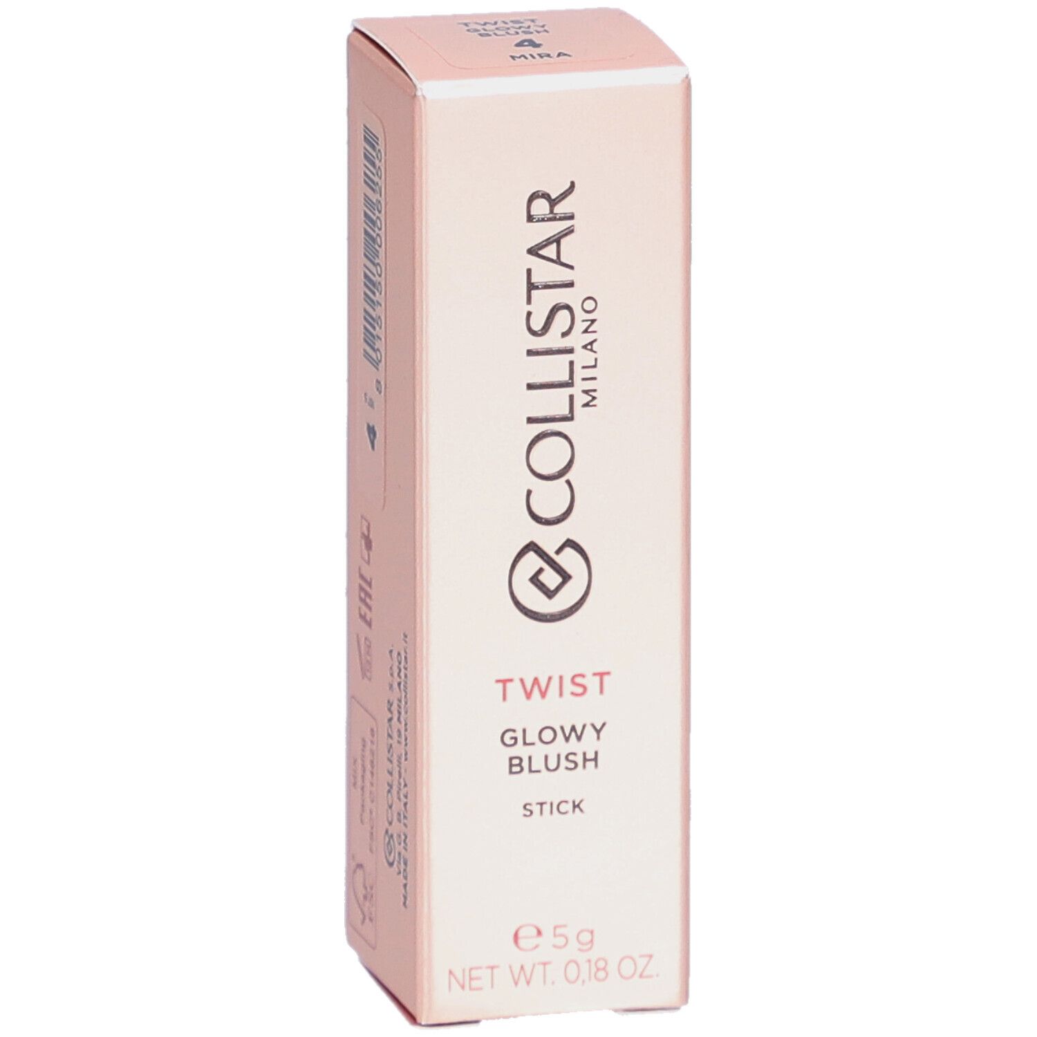 Collistar Twist Glowy Blush Stick Verpackung. Produktname, Logo und Nettogewicht.