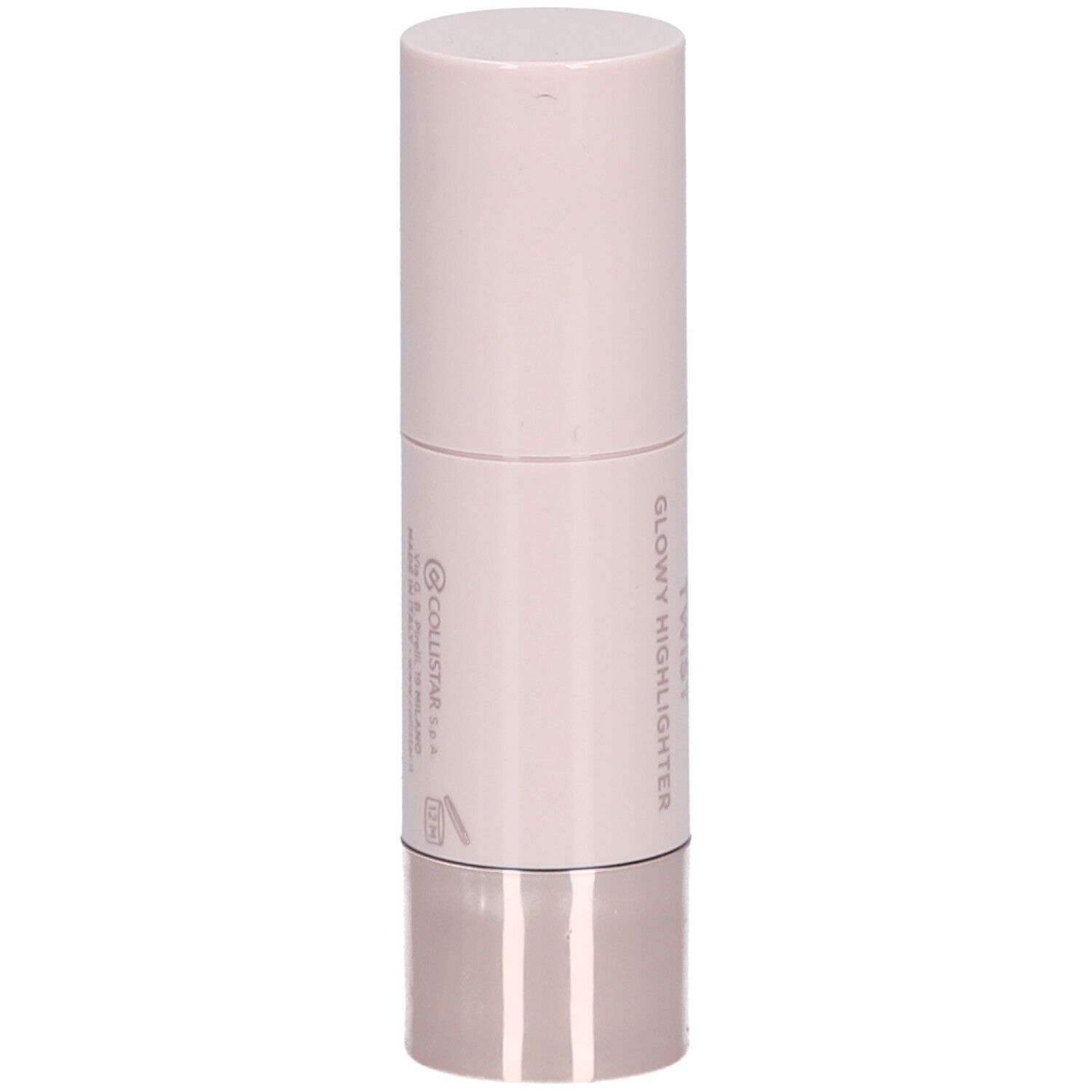 Zylindrischer Highlighter-Stick. Rosa-farbener Körper, silberfarbener Boden. Aufschrift: Glowy Highlighter.