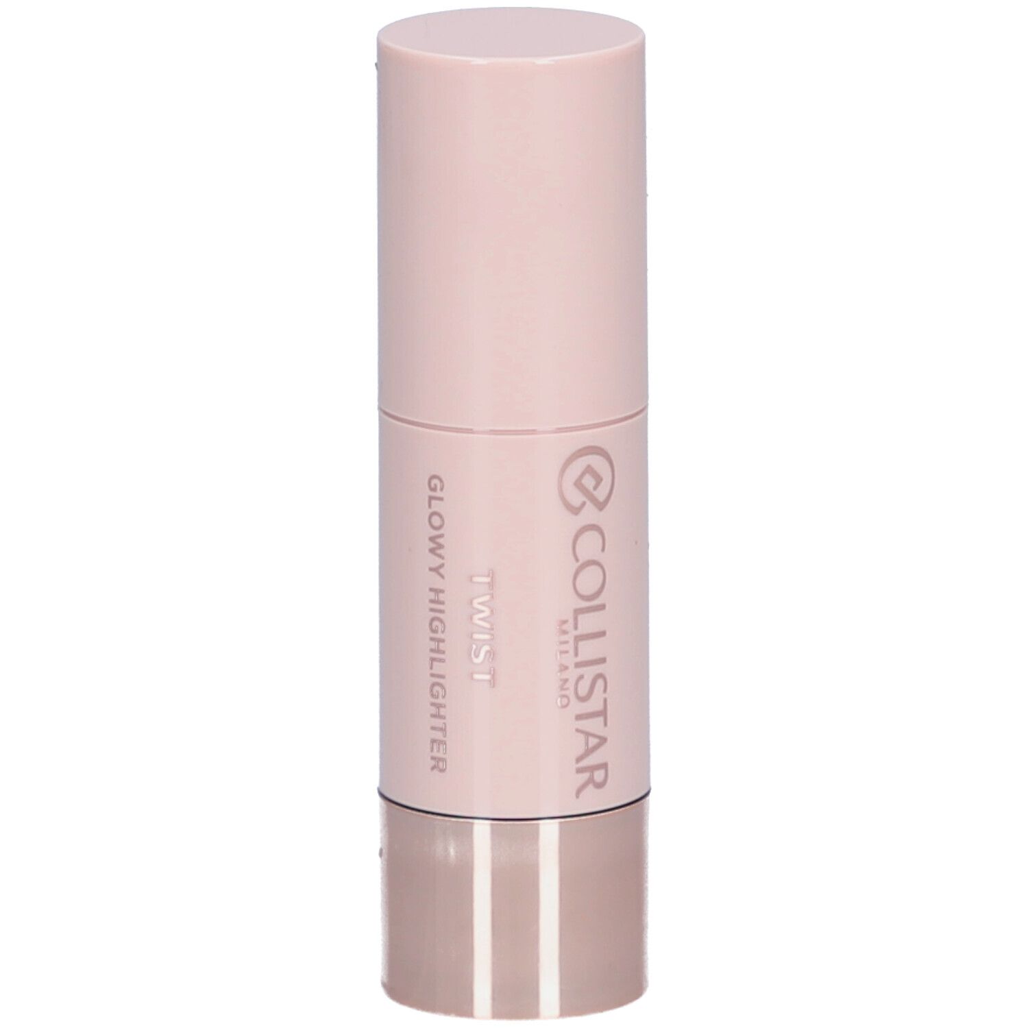Zylindrischer Highlighter-Stick. Rosa-farbener Körper, silberfarbener Boden. Aufschrift: Twist Glowy Highlighter.