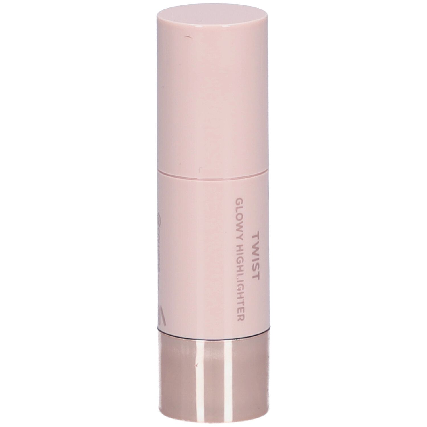 Zylindrischer Highlighter-Stick. Rosa-farbener Körper, silberfarbener Boden. Aufschrift: Twist Glowy Highlighter.