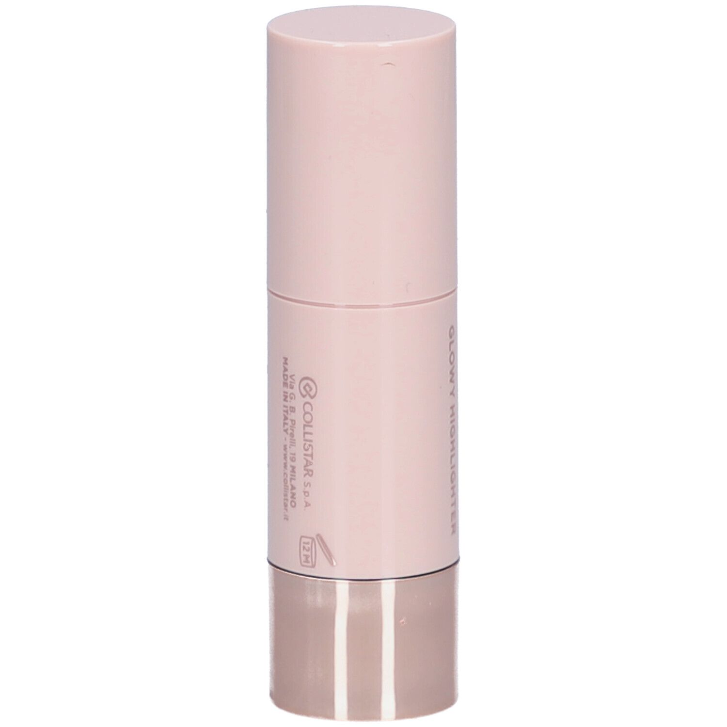 Zylindrischer Highlighter-Stick. Rosa-farbener Körper, silberfarbener Boden. Aufschrift: Collistar, Made in Italy.